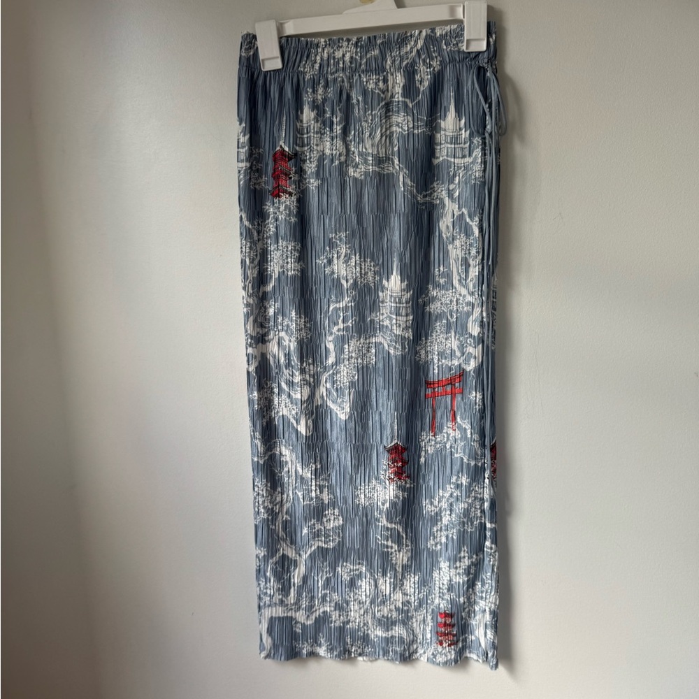 NWT Zara Pleated Blue and White Maxi Skirt with Red Accents